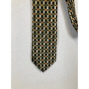 David Taylor Geometric Necktie Mens One Size Green Gold Silver Grid Pattern